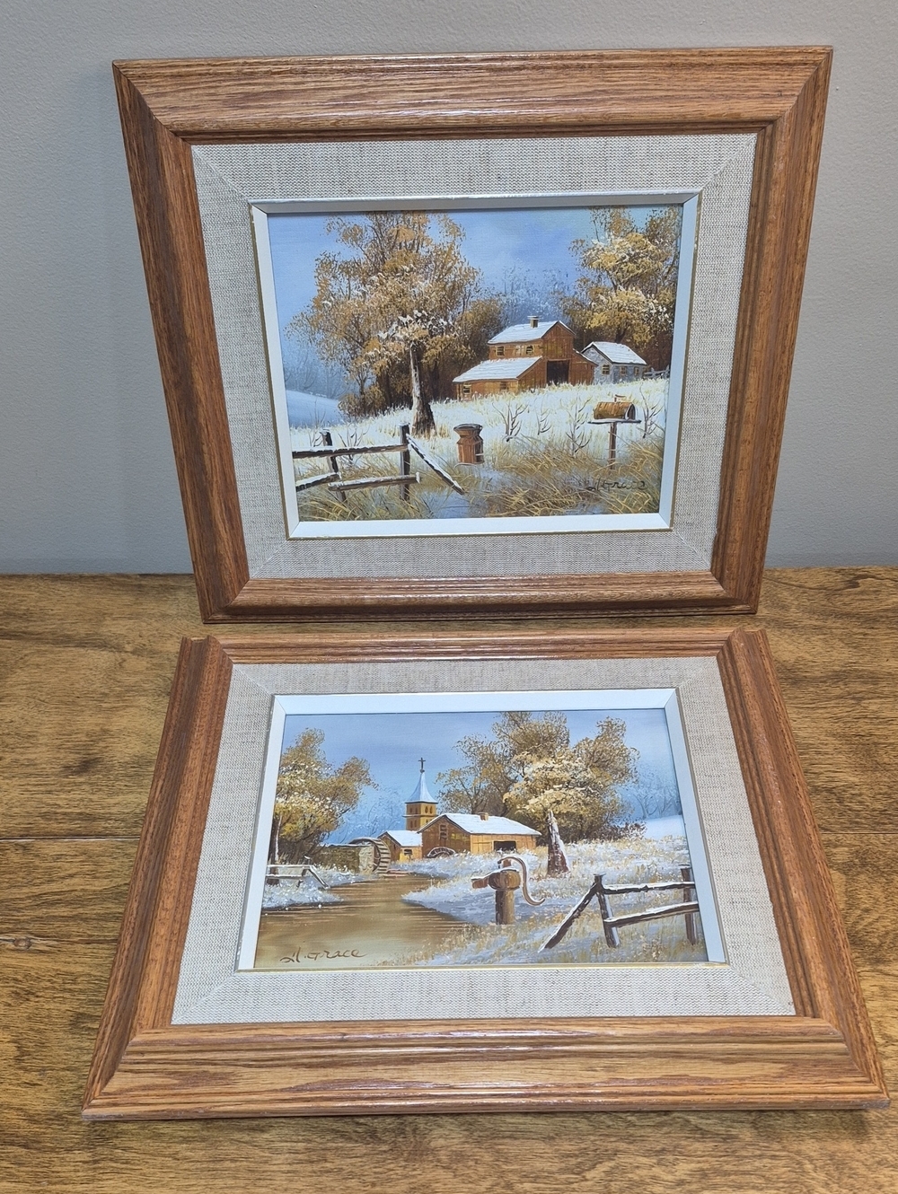 VINTAGE Signed North American Winter Country Landscape Oil On Canvas, Set of 2